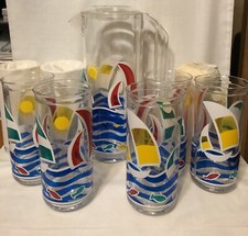 Culver Encounters Set of Pitcher & 8 Highball Tumbler Glasses Sailboat Motif NEW picture