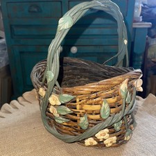 Hand Woven Ivey Basket Gorgeous Detail With Ceramic Flowers Rustic Vintage 9x6 picture