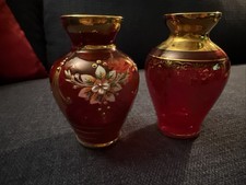 vintage Bohemian cranberry glass vases w/ hand-painted floral enamel  4.5” Tall picture