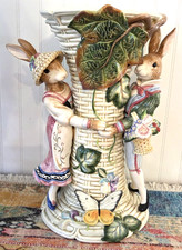 Vintage Fitz & Floyd Old World Bunny Rabbits Ceramic Centerpiece Vase Floral picture