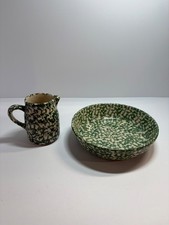 Vintage RRP Co Roseville Ohio Green Spongeware Bowl & Creamer Pottery Set picture
