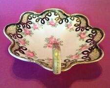 Nippon Handled Nappy Bowl - Hand Painted Pink Roses - Black Gold Border - Japan picture