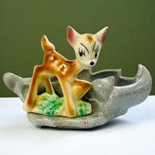 Vintage Deer Planter Bambi Fawn Doe MCM Ceramic Pottery USA Standing Grass READ picture