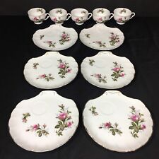 Moss Rose Floral Gold Trim Tea Cup & Snack Plate 11 Piece Set Shell picture