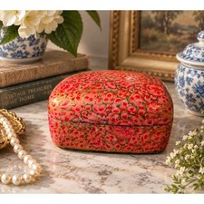 Vintage Kashmiri Lacquerware Trinket Box Coral Floral Gold Leaf Papier Mache picture