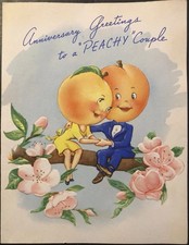 Vtg Anniversary Greeting Card Greetings To “Peachy” Couple Anthropomorphic Peach picture