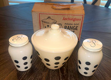 Anchorglass Polka Dot Fire King Grease Jar Salt & Pepper Shakers w/ original box picture