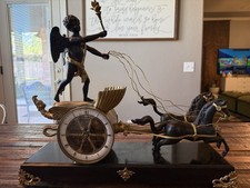 Antique French Empire Chariot Mantel Clock c1850 Bronze Ebonized Horses 8-Day picture