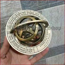 Astrolabe Antique Armillary Brass Desktop Globe Sphere Wooden Base Vintage Gifts picture