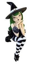 Bella Lux Viral Halloween 24” Green Hair Witch Black Cat Shelf Sitter NWT picture
