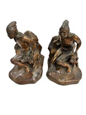 ANTIQUE JENNINGS BROTHERS BOOKENDS AWAITING PREY NATIVE AMERICAN INDIAN & DOG picture