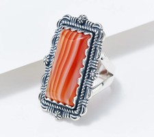American West Sterling Silver Rectangular Orange Agate Gemstone Ring Size 8 picture