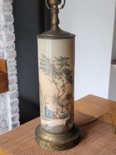 Antique/VTG Italian Pastoral Scene Engraving in Glass TABLE LAMP Intricate Brass picture