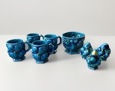 Vtg Inarco Mood Indigo Ceramic Blue Fruit 8pc Set 4 Mugs 1 Bowl Salt Pepper picture
