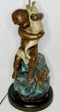 Vintage Neoclassical Putto Cherub Fish Lamp Hand Painted Plaster Chalkware 38