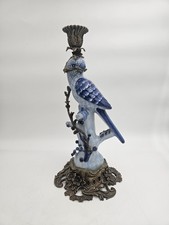 Antique Chinese Bird HOLLYWOOD REGENCY Blue White Brass Candle Holder 14