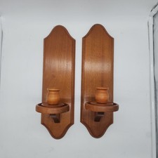 Two Vintage Wood Farmhouse Wall Candle Holders Maple Stained Cottage Core Retro picture