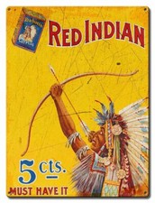 RED INDIAN CUT PLUG TOBACCO 5 CTS MUST HAVE IT HEAVY DUTY USA MADE METAL SIGN picture