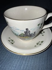 Vintage CARRIGALINE POTTERY IRELAND Tea Cup Saucer Castle Fishing Scene Mint picture