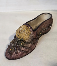 Vtg Victorian Resin Slipper Shoe Figurine Brown Floral Pom Pom Decor 4.5'' picture