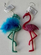 (2) Flamingo Ornaments Blue Feathered & Pink Glittery 6” New w/ Tags picture