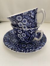 Two Vintage Calico Blue Staffordshire Cups & Saucers Burleigh From England picture
