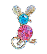 PIN Vintage MOUSE Standing Rhinestone Pink Blue Silver Tone Figural Setting picture