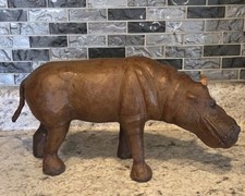 Vtg Mid-Century Leather Wrapped Hippopotamus Figure With Glass Eyes 14