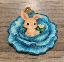 Easter Ornament ~ Vintage Bunny in Cabbage ~ Glitter Wood Decoration ~ Rabbitt picture
