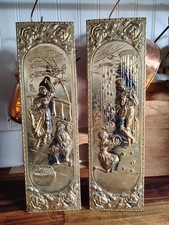 Gorgeous Set Pair Vintage Brass Mid Century Wall Art Plaques Romantic 3D Relief picture