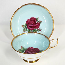 Vtg Paragon R Johnson Signed Floating Cabbage Rose Teacup Saucer Blue England DW picture
