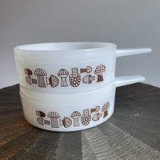Lot of 2 vTG  Glasbake Ovenware Milk Glass Bowl w/Handle, Mushroom Design picture