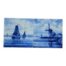 Vintage Royal Delft Hand Painted Tile Tableau Windmill Sailboat 2 Pc Set picture