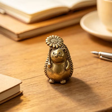 1pc Retro Brass Daisy Hedgehog Small Statue Ornament w Flower +? picture