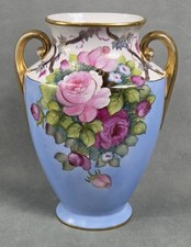Vintage NORITAKE Wreath M HAND PAINTED Blue PINK ROSES Japan DOUBLE HANDLE VASE picture
