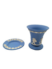 Vintage Wedgwood England Blue Jasperware Trumpet Vase Four Seasons Cherub LOT 2 picture