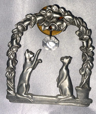 Vintage Pewter Two Cats And Bells With Hanging Crystal Suncatcher 3.5