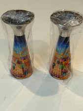 Yair Emanuel Hand Painted Metal Jerusalem Shabbat Paintd Candlesticks 2x Set NEW picture