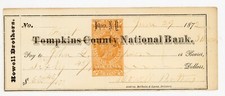 1872 Tompkins County National Bank Ithaca NY Check Revenue Stamp Howell Brothers picture