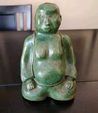 Vtg 1969 Red Clay Pottery Chinese Kneeling Buddha Statue Figure Green Glazed picture