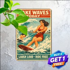 Waterskiing Lake Vacation Sign Energetic Girl Water Sports Metal Tin Plaque picture