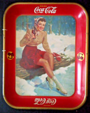 VTG 1941 COCA COLA METAL TRAY WOMAN ICE SKATING ADVERTISING picture
