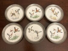 Vintage Revere Pewter Coasters with Ceramic Inlay Beaded Rims Birds Set Of 6 picture