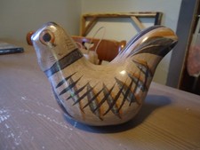 Vtg Hand painted Tonala Pottery Bird Figurine Cross Hatch Pattern 3.75