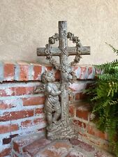SMALL Antique French Cast Iron Cemetery Cross Crucifix Child Angel Garden Chapel picture