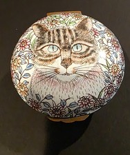 Vintage Chinese Hand Painted Enamel Copper Cat Trinket Box Tabby Chrysanthemum picture