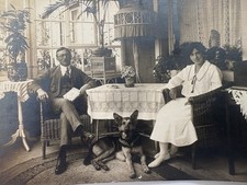STRIKING ANTIQUE 1920S VERNACULAR PHOTO ELEGANT COUPLE GERMAN SHEPHERD PORTRAIT picture