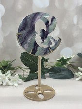 Rainbow Fluorite Fairy Crescent Moon Carving Gold Stand 6.5” Crystal Decor picture