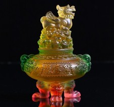 Chinese Liu Li Crystal Pi Xiu Treasure Basin Ingot Tripod Feng Shui Decor picture