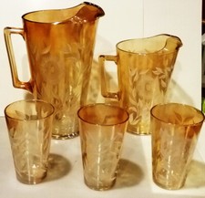 Awesome Jeanette Cosmos Marigold Carnival Glass Double Pitcher Three Tumblers Se picture